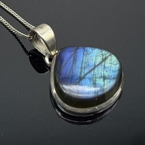 Vintage Labradorite Gemstone 925 Sterling Silver Pendant 18" Box Chain Necklace